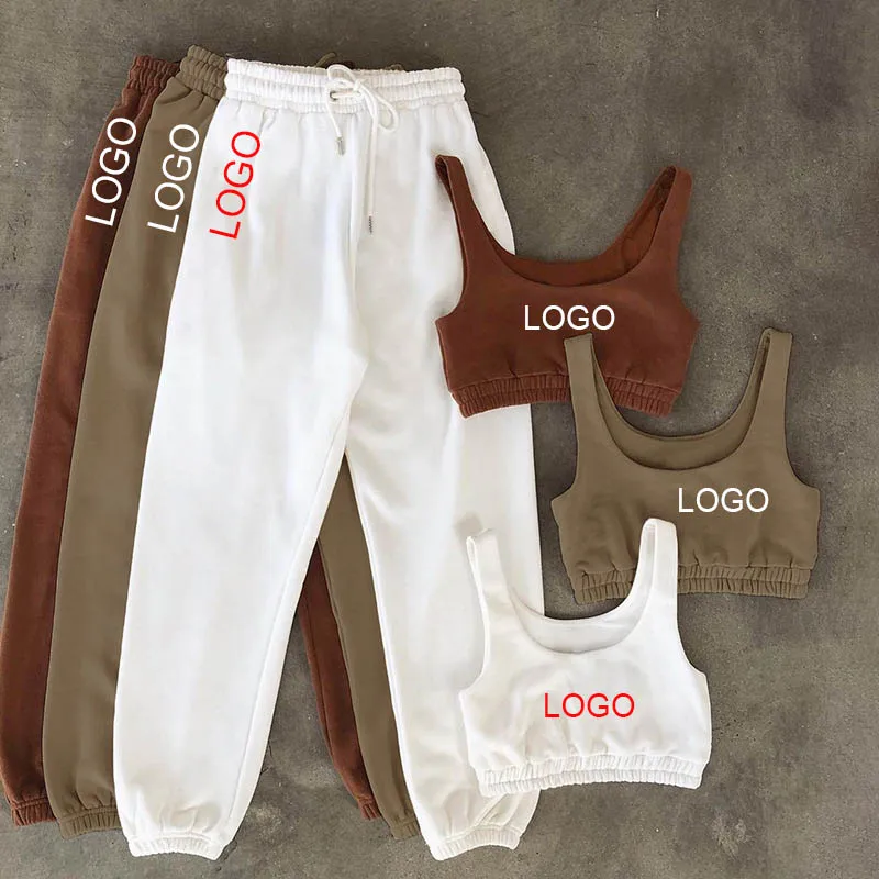 

custom logo solid joggers pant and bra 2 piece crop top two piece pants set comfy cotton workout womens 2021 2 piece short set