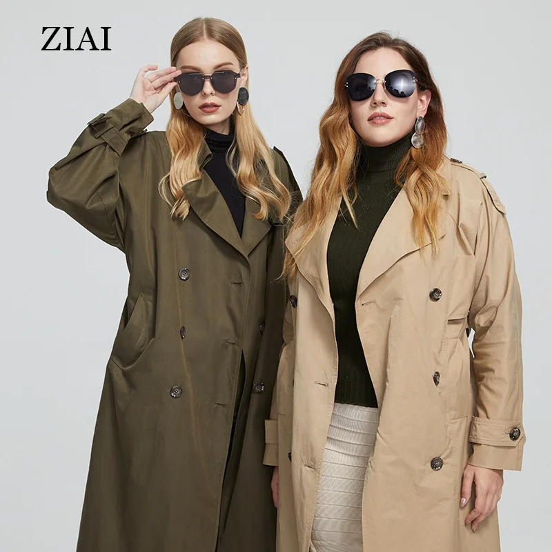 

Hot selling luxury quality long western windbreaker women coat with belt classic casual double breasted trench coat, Khaki and army green