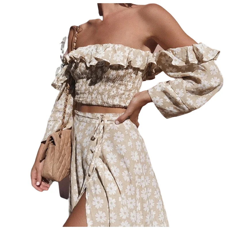 

Spring and summer new fashion set of fit-fit ruffled dress suit floral strapless A-line mid-length skirt