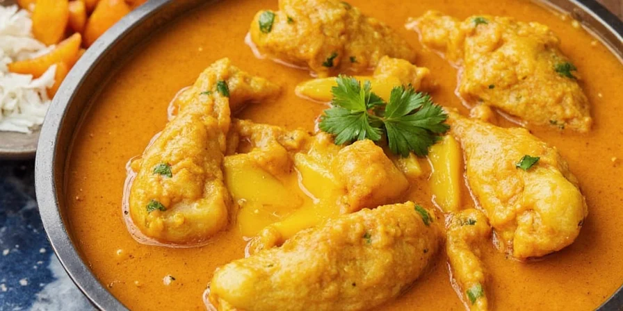 Happy chef serving chicken curry