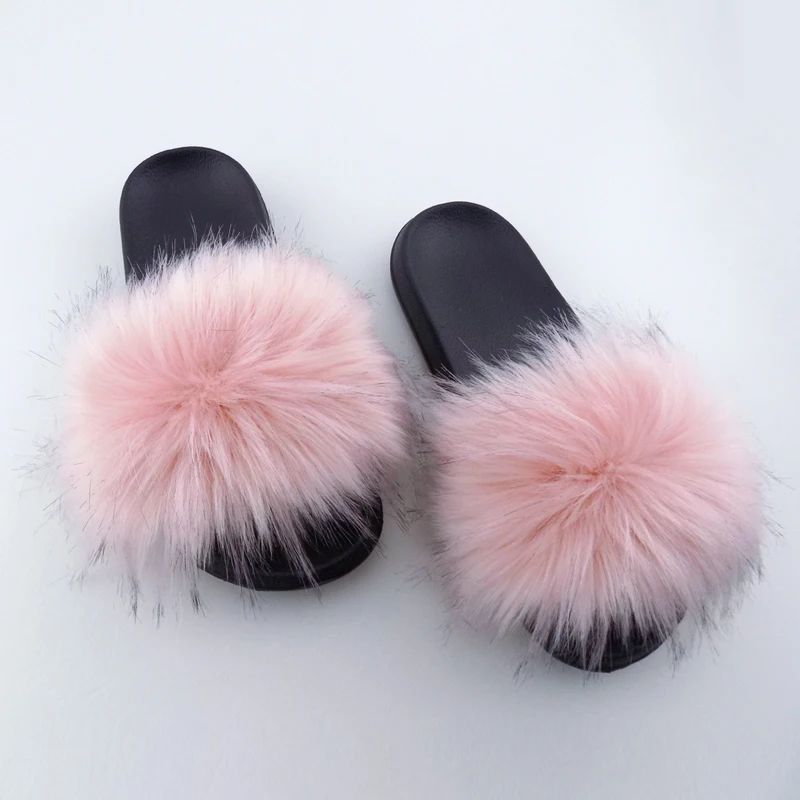 

Raccoon Faux Fox Fur Slides Mommy And Me Big Slide Women Straps Children sandals