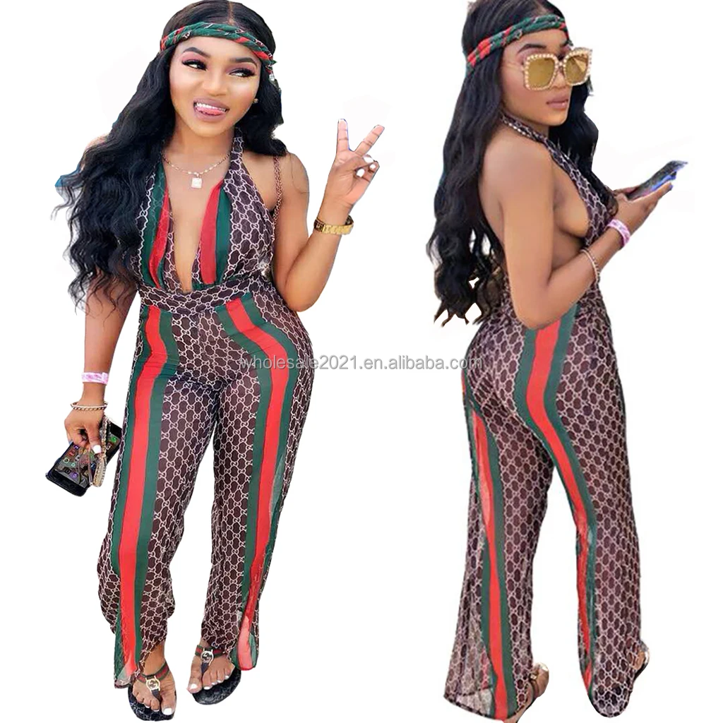 

Hot Sale Womens Fashion Casual Trend Sexy Sleeveless Comfortable Breathe Mesh High Quality Halter Backless Jumpsuit Wholesale