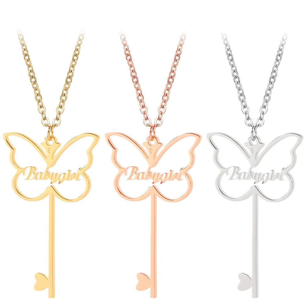 

Fashion Custom Cheap Gold Plated Necklace Stainless Steel Name Pendent Necklace Butterfly Key Personalized Necklace, Silver, gold,rose gold