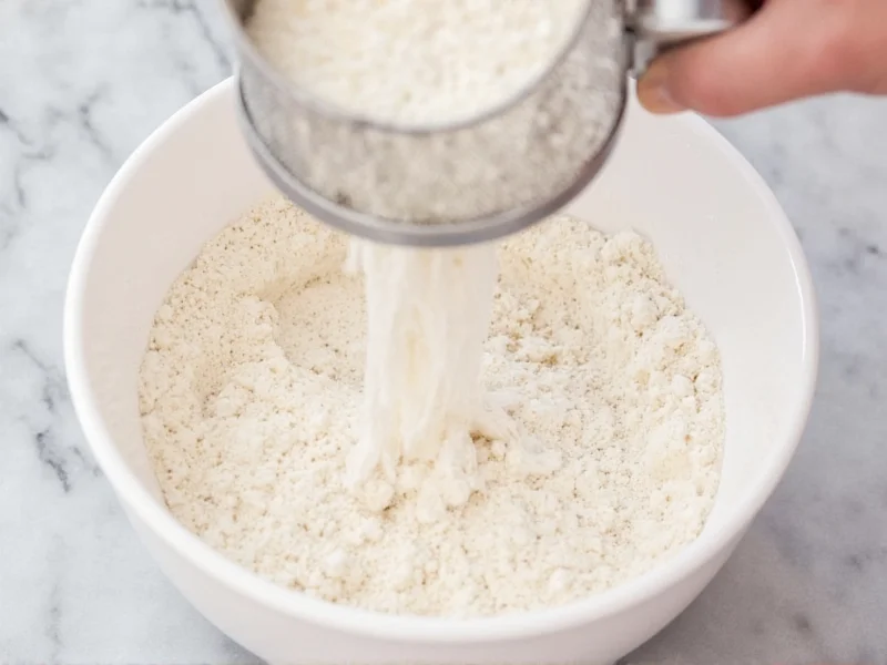 Sifting homemade cake flour mixture in white bowl