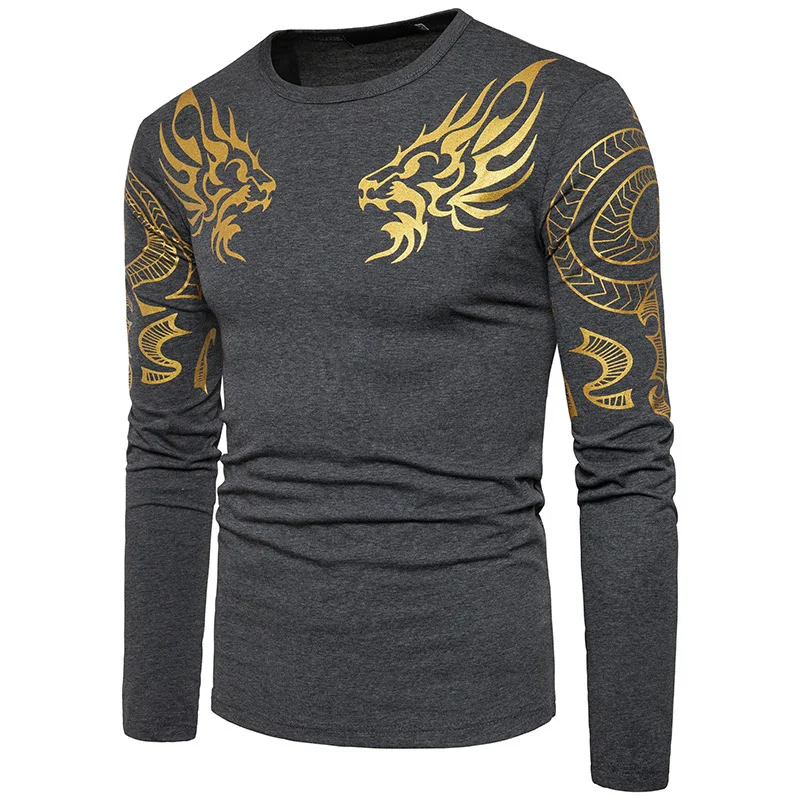 

Men T Shirt Long Sleeve Cotton Casual Dragon Tattoo Hot Stamping Mens O-neck T-shirt