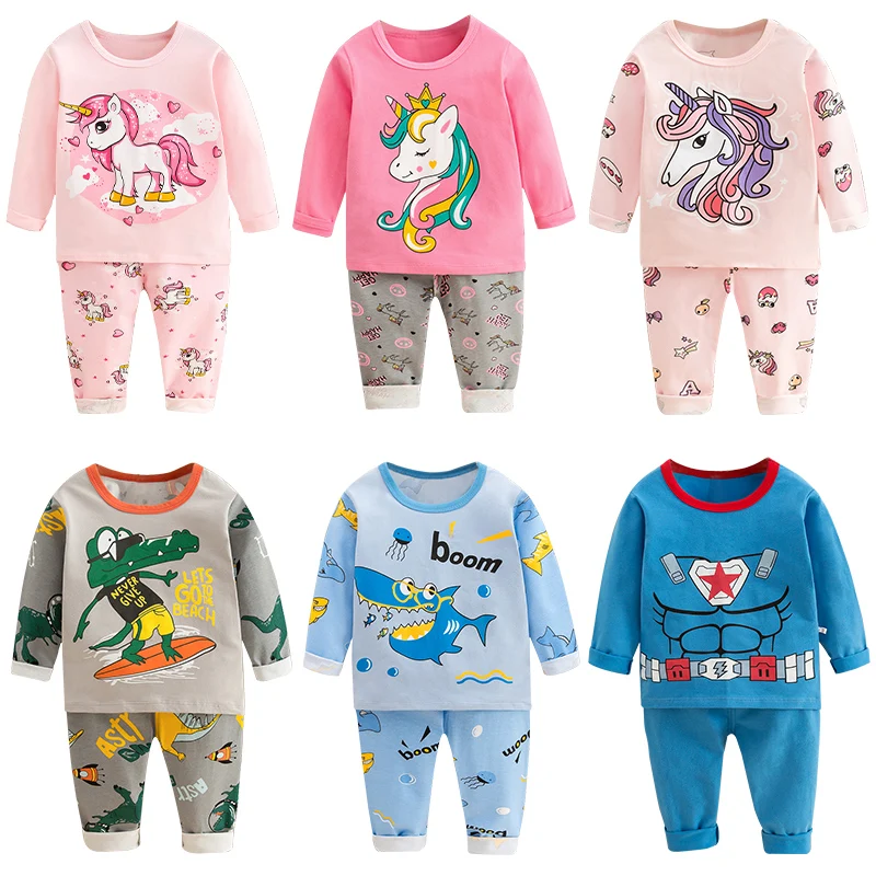 

2021 Wholesale Girls Unicorn pajamas Kids Cotton Pajamas Sets Boys Dinosaur Pyjamas Sleepwear for Kids Pjs Size 1-10 Years