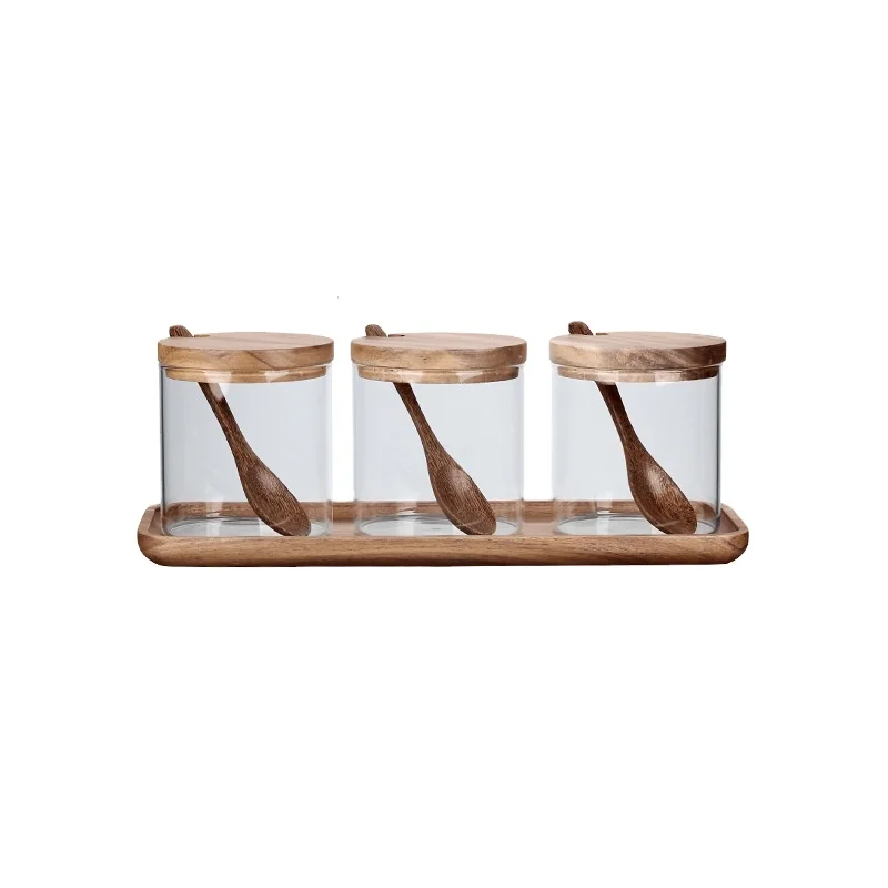 

Diyue DIYR201016 Wholesale Home Kitchen Seasoning Container Stock Nordic Glass Storage Jar with Wooden Spoon Tray Set Spice Jar