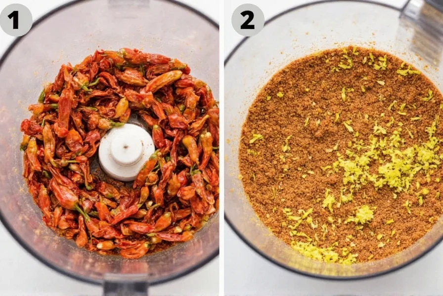 Homemade chili lime seasoning preparation showing dried chilies and lime zest being ground in a spice grinder