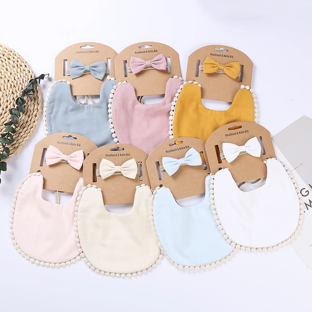 

Lace-up Soft Linen Cotton Single Candy Color Style Baby Saliva Bibs With Tassels With Solid Bow Headband Set, As picture show