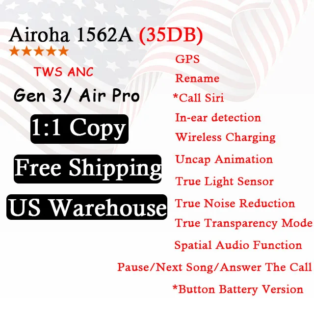 

Best Quality 1:1 US Warehouse ANC TWS 3rd Generation Gen Air 2 3 Airoha 1562A 1562M 1536U Pods Pro Earbuds Wireless Earphone
