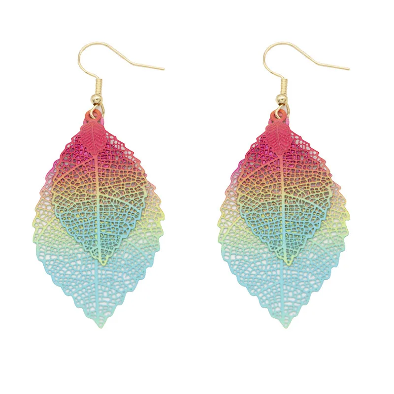 

JUHU Double Leaf Tassel Earrings Simple Retro Color Metal Leaf Earrings