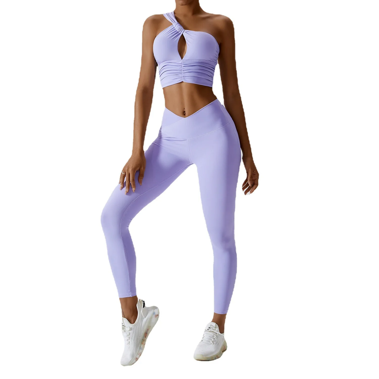 

2023 New 4 Colors Patchwork Folded Oblique Shoulder Sports Bra And V Cut Waist Sports Leggings Sets For Women Fitness Yoga Wear