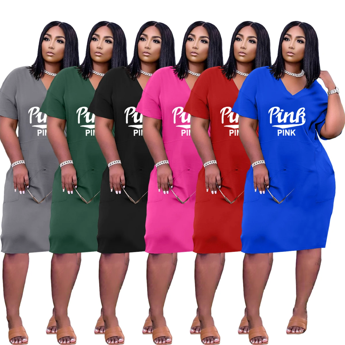

2021 Summer Ladies Casual Dress Loose V Neck Letter Printed Clothing Plus Size Women Short Dresses Skirt