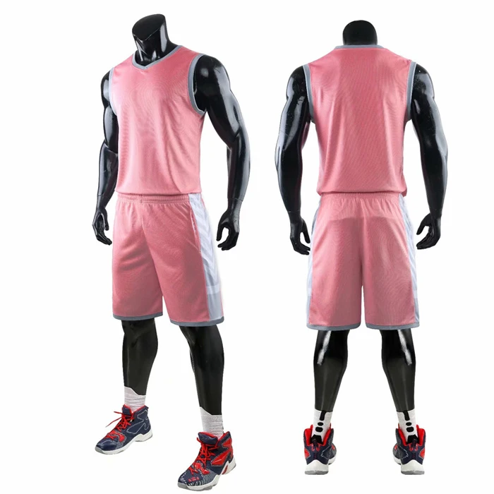 

Wholesale Breathable Team Training Uniform Set Mesh Fabric OEM Design Color Pink Mens Basketball Jersey