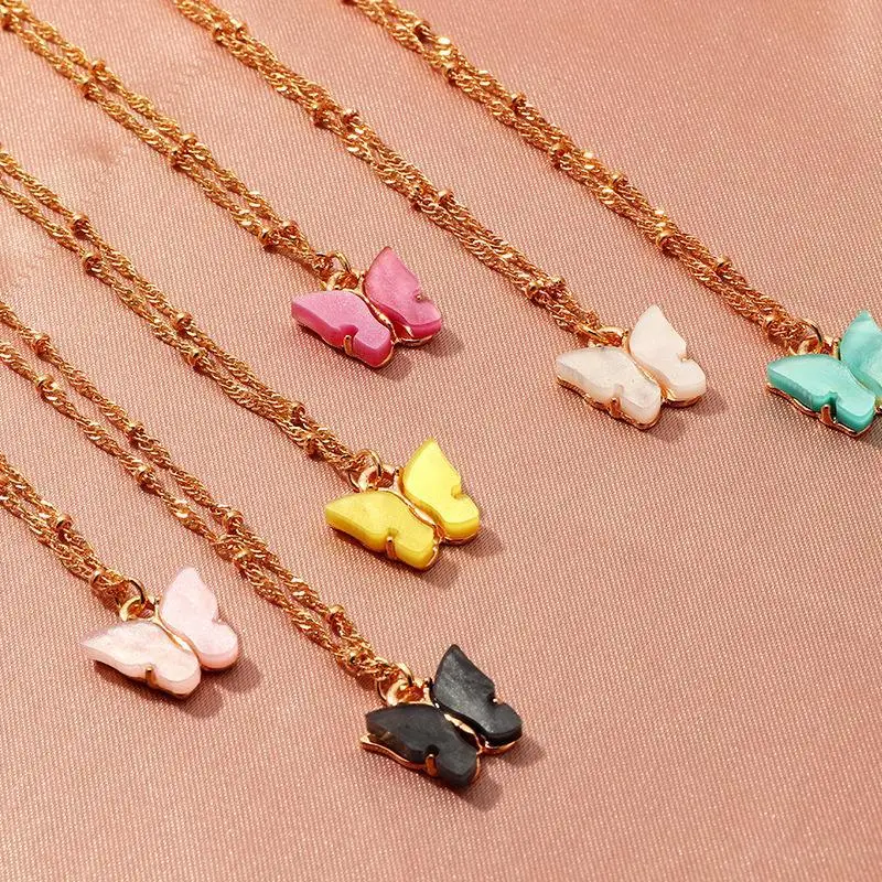 

Fashion 6 Color Jewelry Gifts Small Round Beads Gold Chain Necklace for Women Resin Butterfly Pendants Necklace, 6 colors