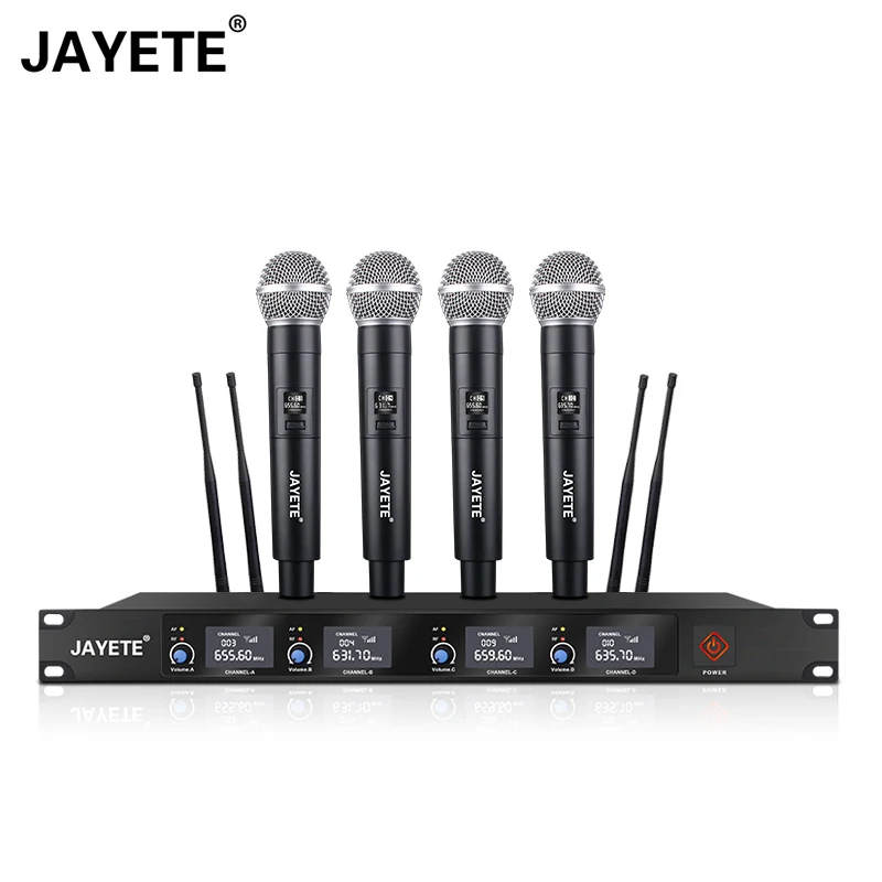 

Professional 4 channel UHF wireless microphone System with four handhelds headsets Dynamic Mic, Black