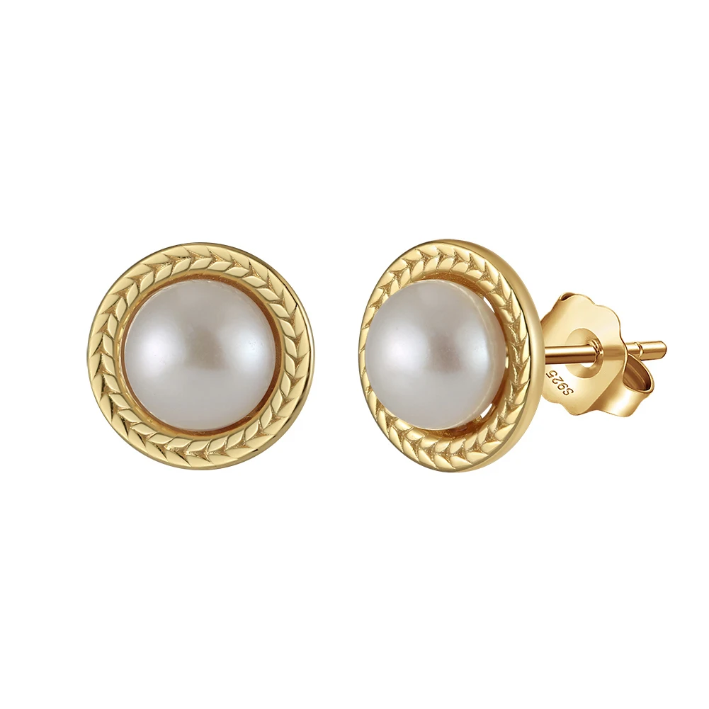 RINNTIN Trendy White Fresh Water Pearl Earrings 925 Sterling Silver Studs with 6mm Gold Plated Button Freshwater Cultured Pearls