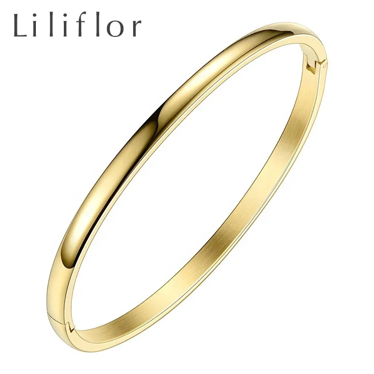 

LILIFLOR 18K Gold Plated Stainless Steel Jewelry Simple Glossy Bangles Gold Color For women Bracelets BM182005