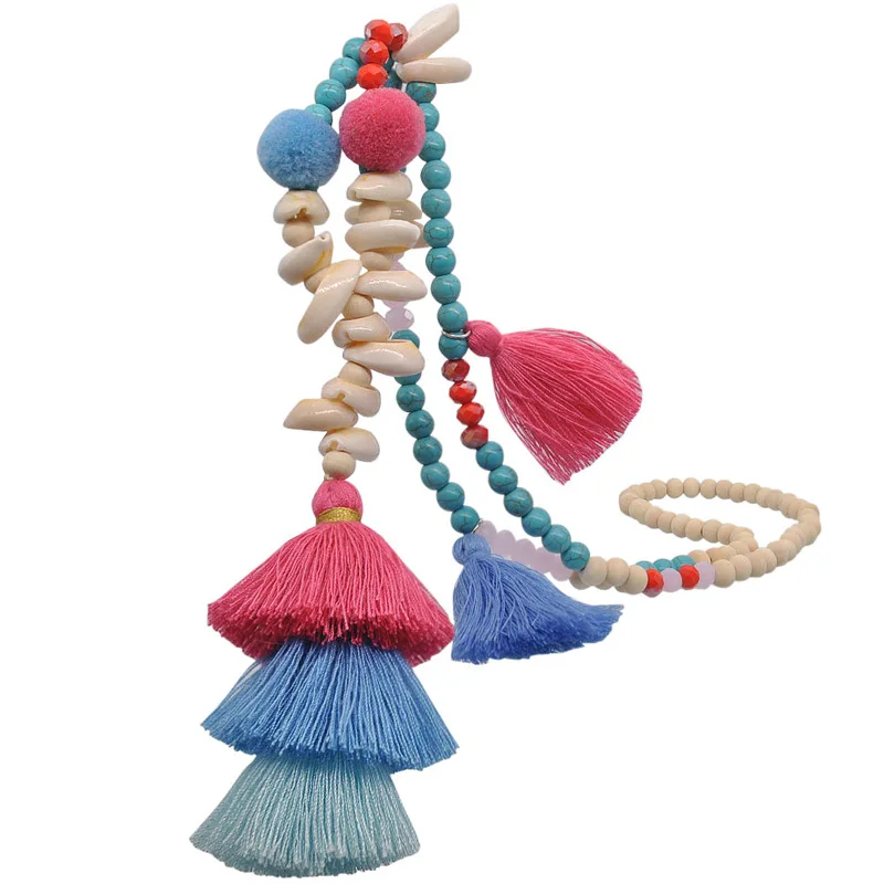 

Wholesale hot selling female ethnic wooden bohemian necklace jewelry hand made tassel beaded necklace