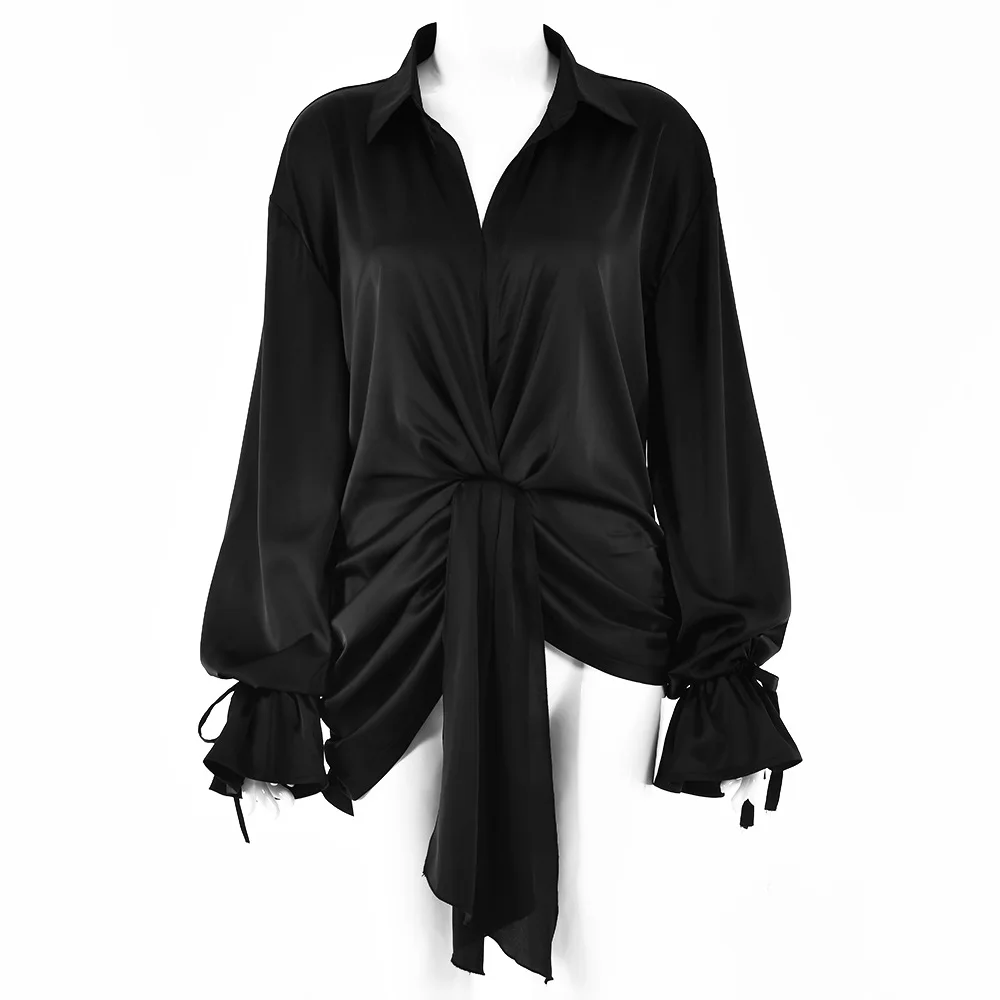 

2021 New Sexy Deep V Neck Long Sleeve Satin Women Blouses