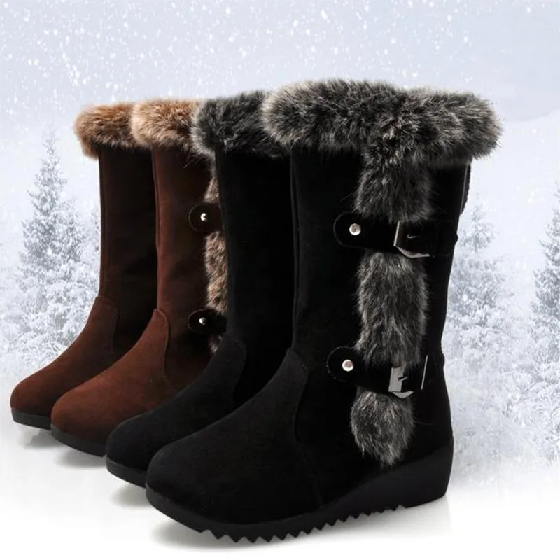 

Brown New Winter Women Casual Warm Fur Mid-Calf Boots shoes Women Slip-On Round Toe flats Snow Boots shoes Muje Plus size, As picture