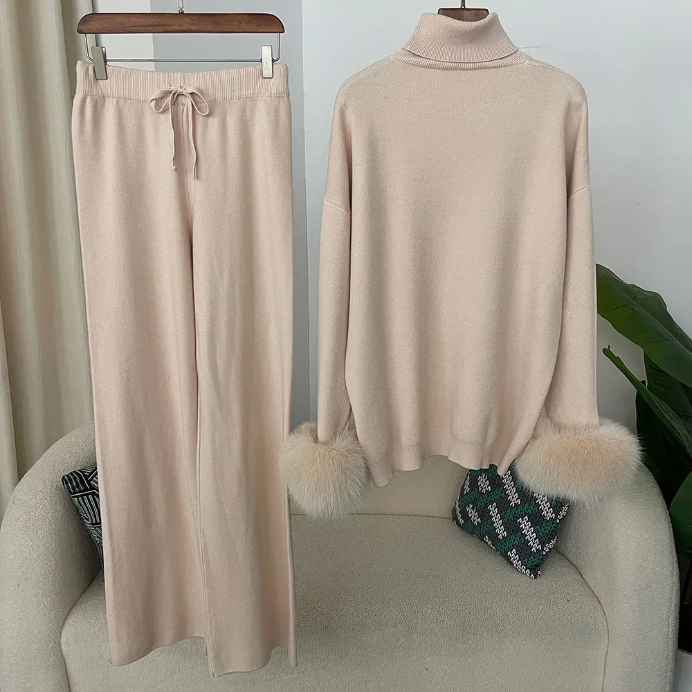 OFTBUY 2024 Women's Casual Autumn Winter Coat Knitted Sweater Long Pants Set Thick Warm Real Fox Fur Cuffs Jacket New Fashion
