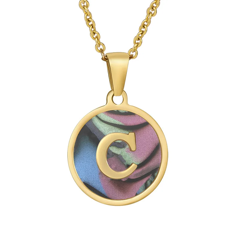 

Exquisite 18K Gold Plating Titanium Steel Circle Initial Pendant Necklace Rainbow Shell Round Initial Necklace For Party, Picture color