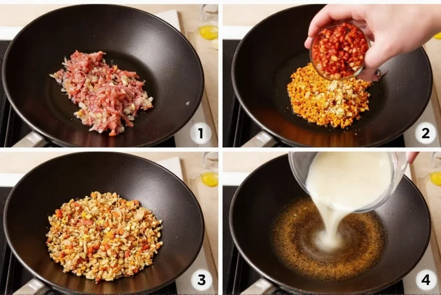 Step-by-step process of making homemade chili crisp showing ingredients being added to oil in a wok