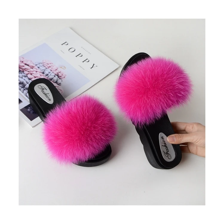 

New Design High-quality Plastic Comfortable Women's Plush SlippersReal fox fur