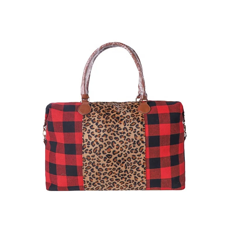 

Leopard Buffalo Plaid Leopard Lady Weekender Travel Bag Women Large Canvas Duffle Tote Bag Overnight Bag For Girl, Leopard white plaid, leopard red plaid, black cow, white cow, deer