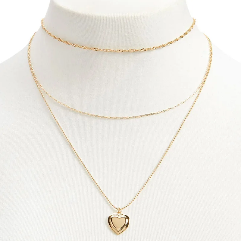 

Weihao Hot Selling Three Layers Chain Love Cuban Chain Pendant Necklace Fashion Twist Chain Peach Heart Clavicle Chain Necklace, As picture show