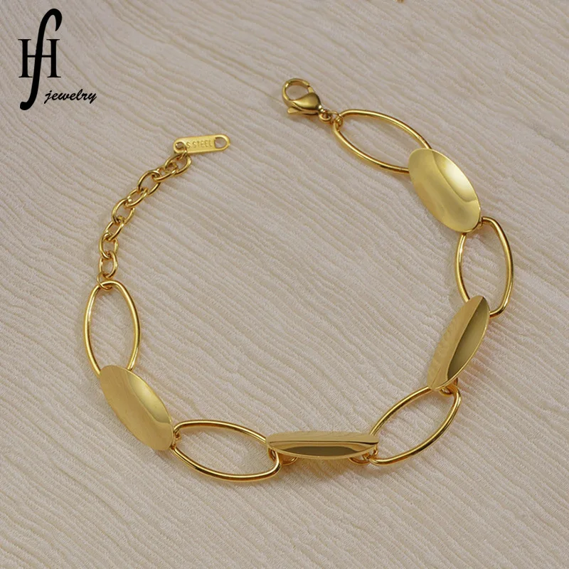 

New arrvial stainless steel hip hop style design statement oval women geometry charm custom jewelry gold bracelet