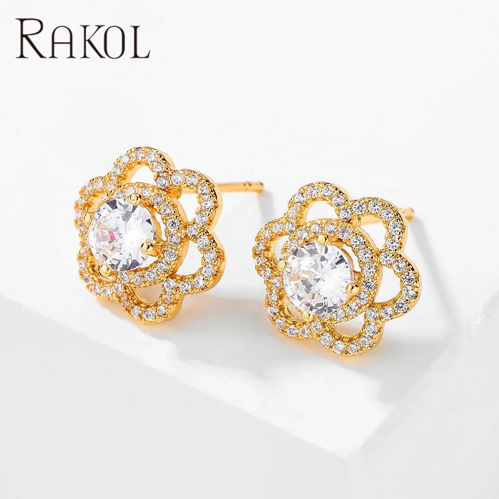 

RAKOL EP1088 2022 new hollow inlaid zircon diamond flower shaped ladies fashion bridal stud fine women gold plated earrings