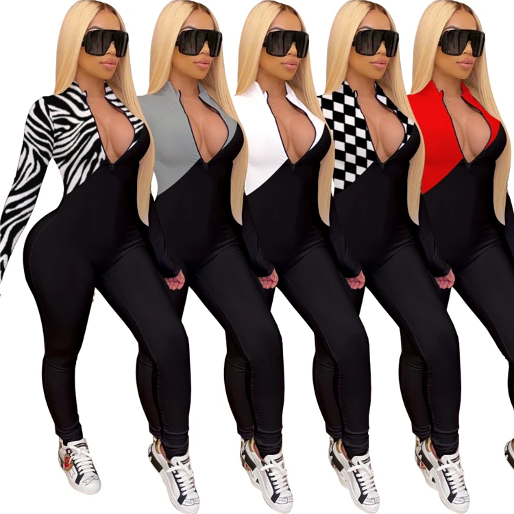 

2021 New Ladies Daily Bodycon Rompers Long Sleeve Zipper Patchwork Autumn Women One Piece Jumpsuits, Picture shown