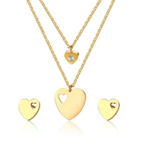 

forever love gold double heart hollow pendant necklace fashion stainless steel stud earring double chain jewelry sets women