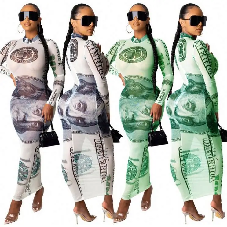 

LZX0127 Fall 2020 Fashion Design Printing Sexy Mesh Perspective Dress Lady Elegant Club Party Clothes Women Long Casual Dress