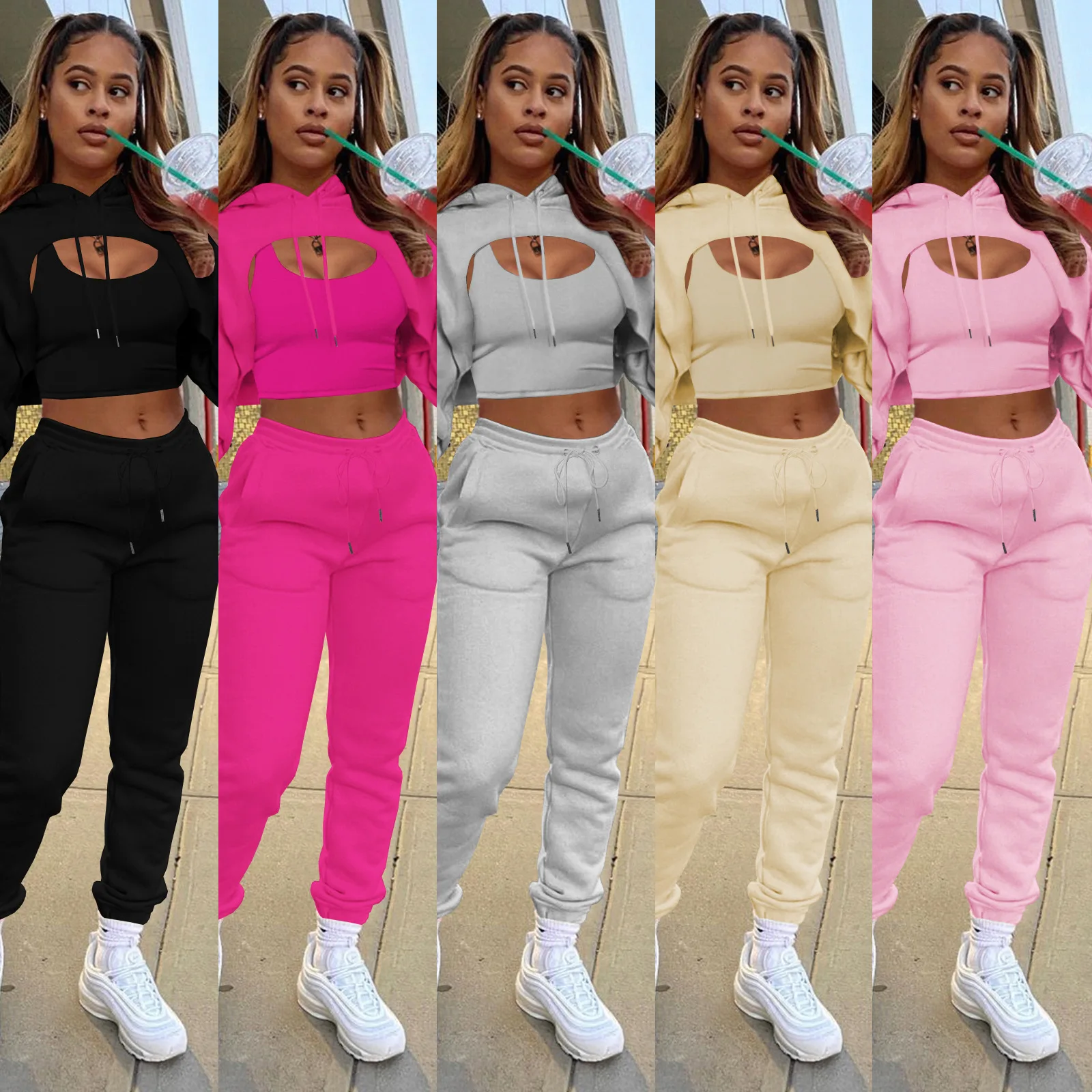 

2021 Custom Women Three piece suit with fleece drawstring hoodie cotton vest and jogging pants Trousers 3 piece Set For Women