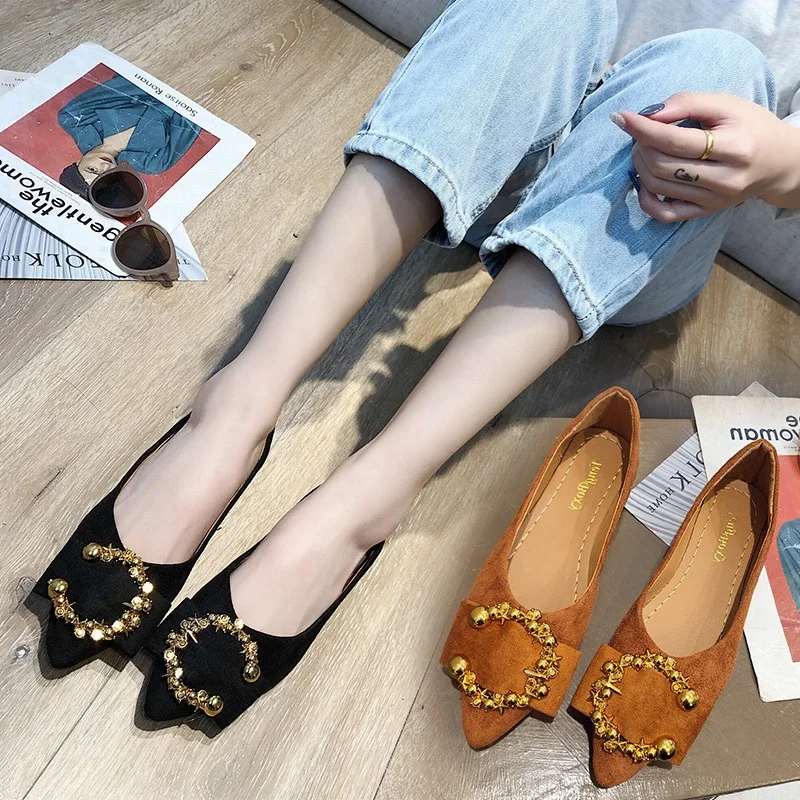 

Casual temperament suede metal buckle pointed toe comfortable soft sole women's flat shoes