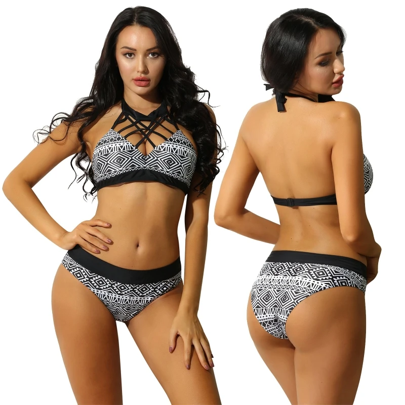 

Cheap Front Grid Bra and Bikini Bottom Women 2 Pcs Geometric Print Swimwear Bikini Set