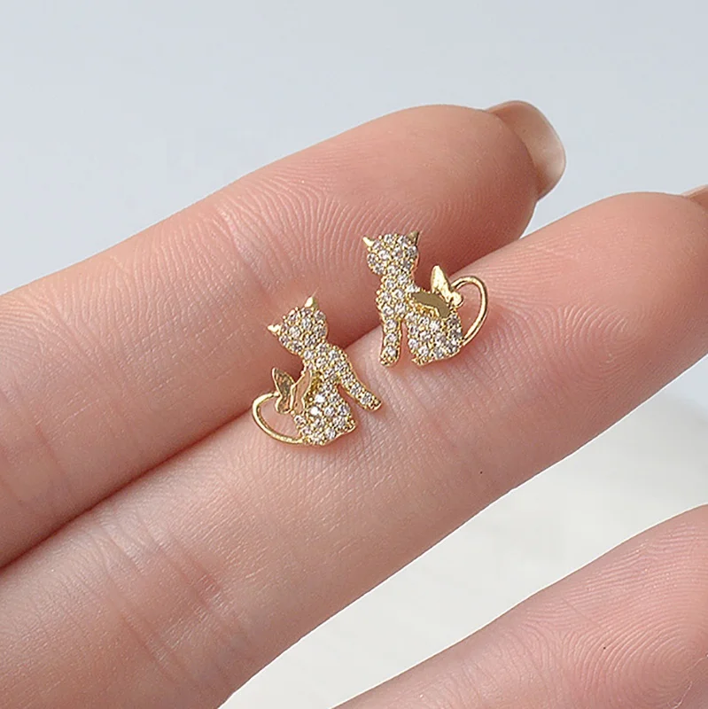 

Fashion 14K Real Gold Cute Small Cat Stud Earrings Delicate Rhinestone Jewelry Zircon Piercing Earrings for Women Gift, Gold and silver