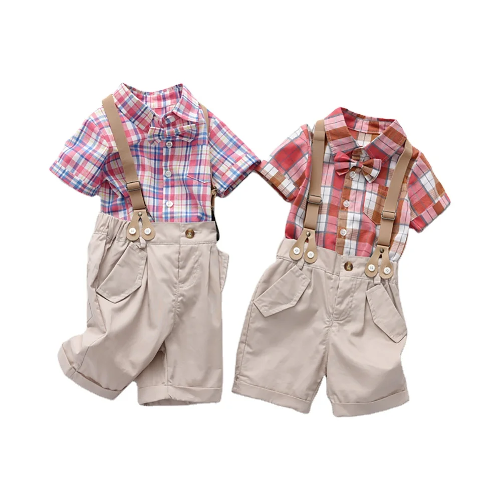 

Customized Accept Plaid England Style short sleeve 3 pcs boys shirt clothing sets, Red/purple