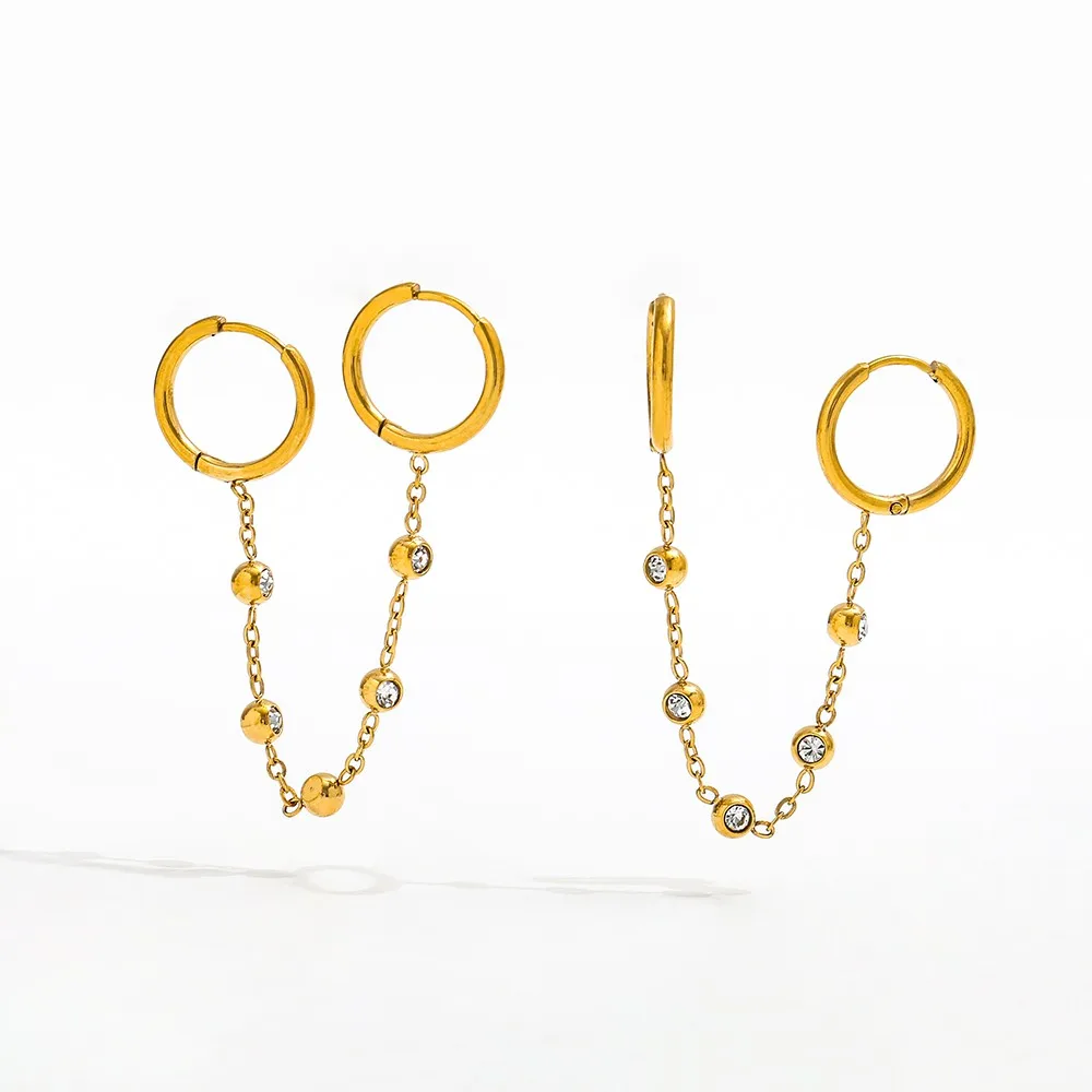 New Trendy Earring 18K Gold Plated Chain Tassel Double Huggie Earring for Women Stainless Steel Fashion Jewelry Wholesale