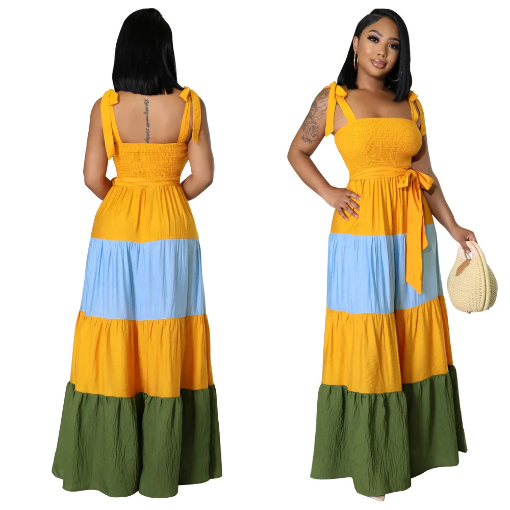 

9630 Latest Design Contrast Color Sleeveless Strap Casual Dresses Elegant Maxi Dress Ladies Summer Dresses 2023