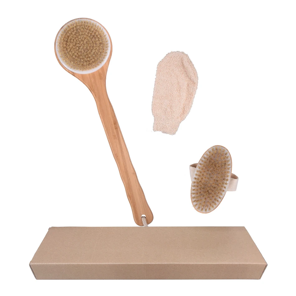 

Dry Brushing Body Brush Set with 100% Natural Boar Bristles (Set of 3) bamboo long handle skin 2 brush+sisal towel Treesmile