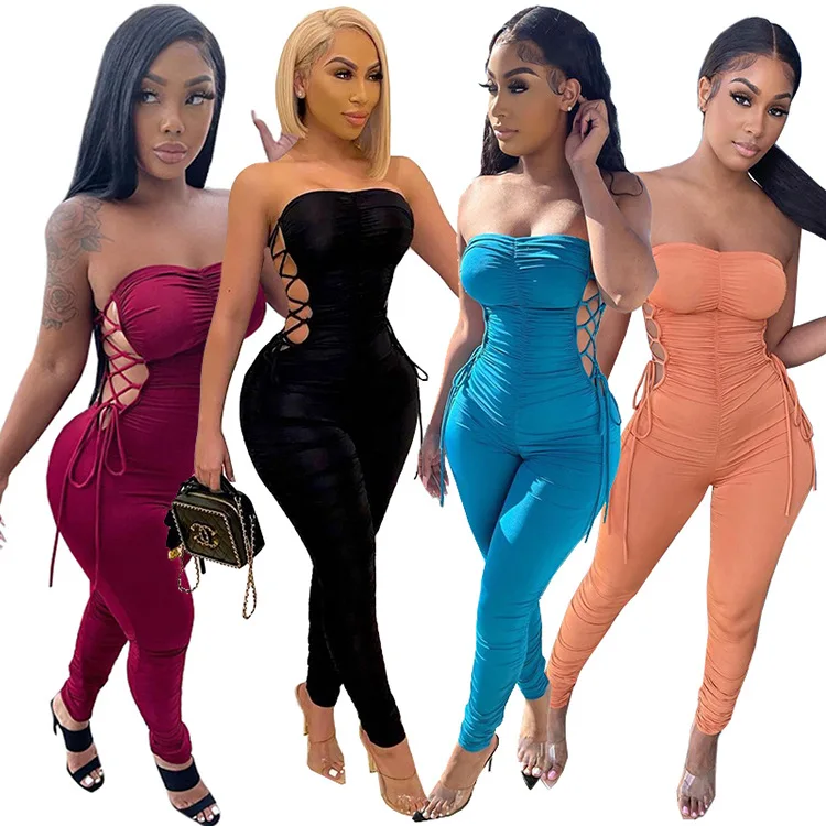 

women casual bandage strap pleated sleeveless jumpsuits