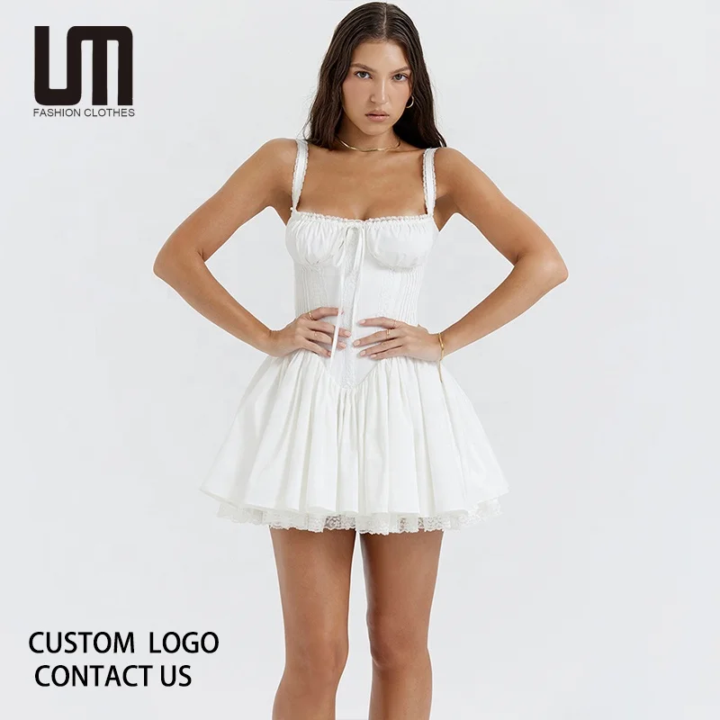 Liu Ming Hot Selling Wholesale 2024 Summer Spaghetti Strap Lace up Holiday Party a Line White Dresses for Women