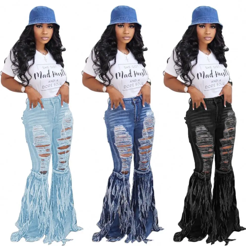 

2020 Hot Sale Women's Trouser Stacked Jeans Wide Leg Flare Pant Ripped Bell Bottom Jeans, Blue