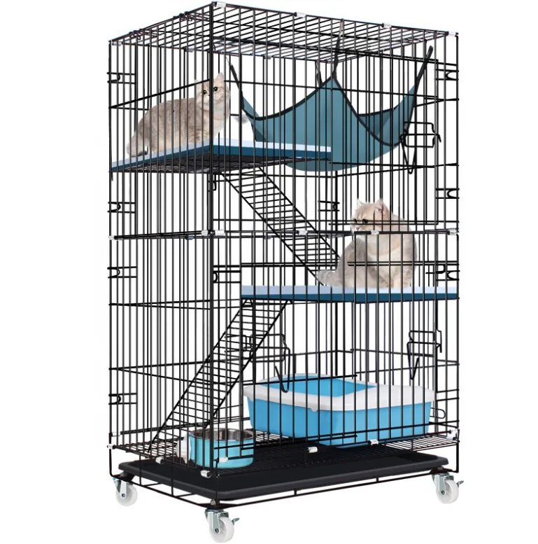 

2/3/4 layer Large Kennel Cat Cage Collapsible Metal Cage 360 Rotating Casters Cat Breeding Cages, White, black, blue