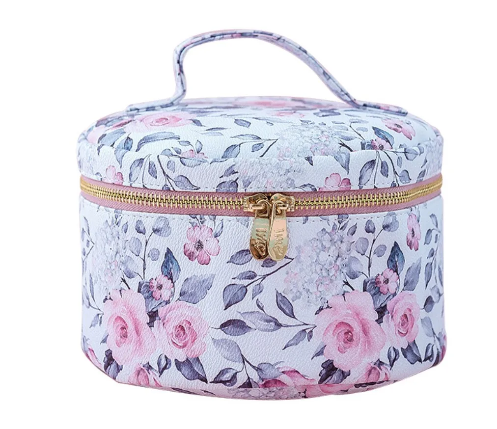 

New Arrival waterproof PU leather Printing Flower Cosmetic bag, Travel bag, Toiletry bag in cylinder