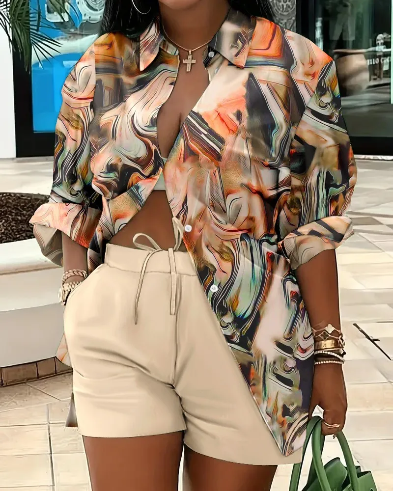 

GX0594 hot sale spring summer women clothes casual long sleeve stripped printed shirt and shorts 2 piece set